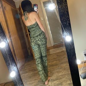 Green white pant romper